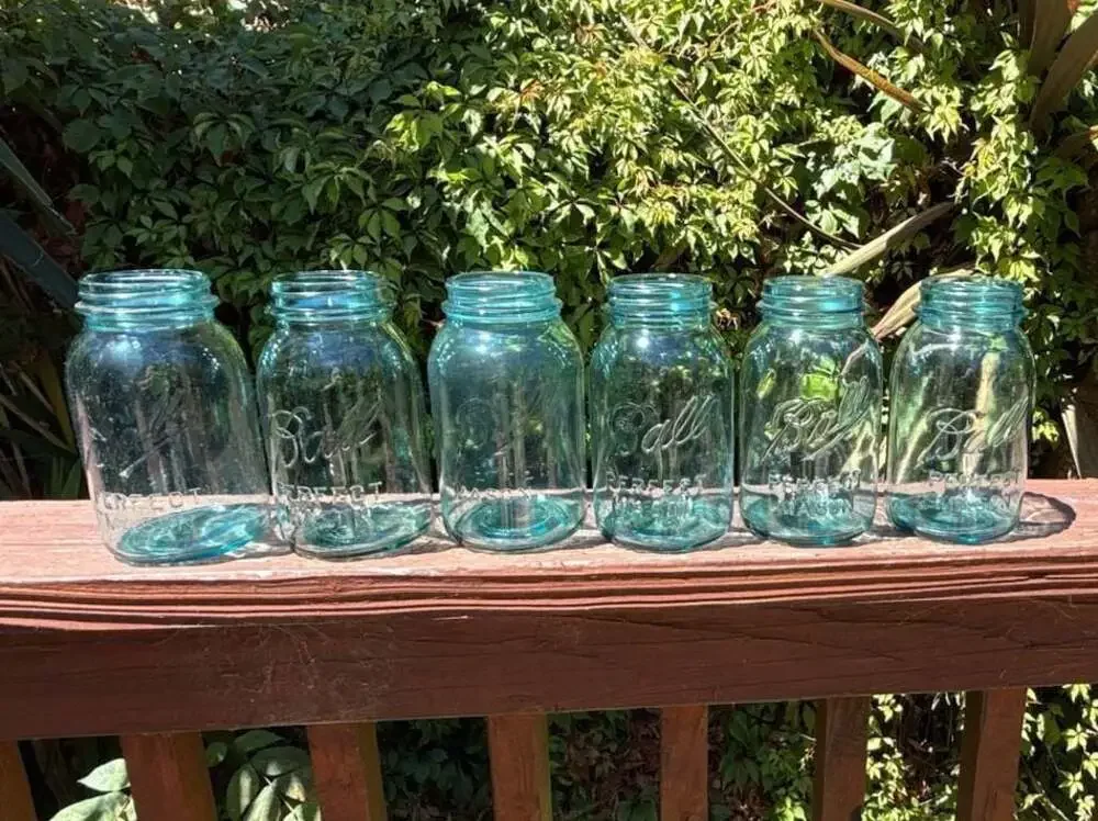 Set of 6 Vintage Ball Aqua Blue Glass Mason Jars Various Numbers No Lids